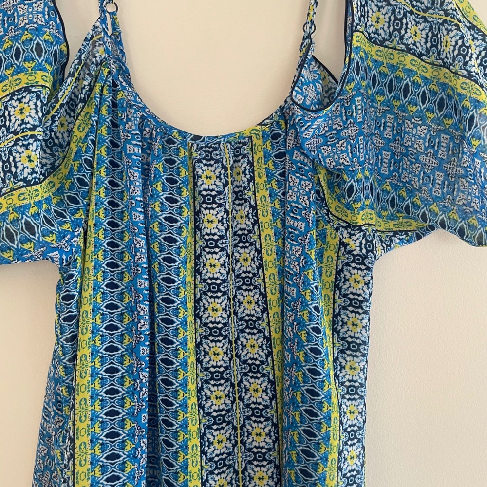 Charming Charlie Womens Blue Yellow Geometric Cold Shoulder Mini Dress Small‎